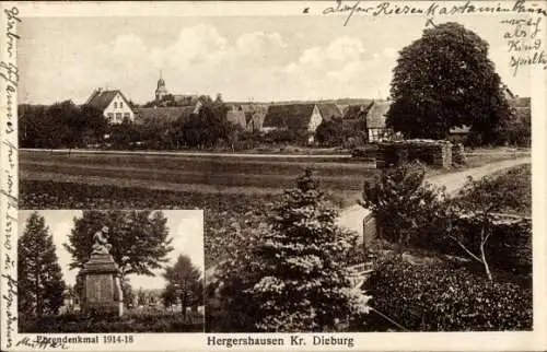 Ak Hergershausen Alheim in Hessen, Teilansicht, Ehrendenkmal 1914-1918