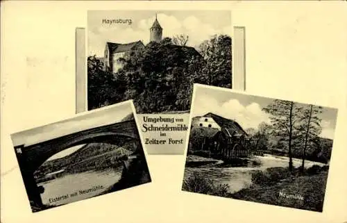 Ak Schneidemühle im Zeitzer Forst Wetterzeube im Burgenlandkreis, Haynsburg, Elstertal, Neumühle