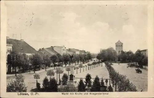 Ak Giżycko Lötzen Lözen Masuren Ostpreußen, Markt, Kirche, Kriegerdenkmal