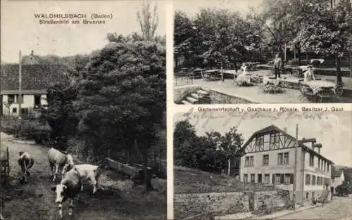 Ak Waldhilsbach Neckargemünd am Neckar, Straßenbild am Brunnen, Gartenwirtschaft, Gasthaus