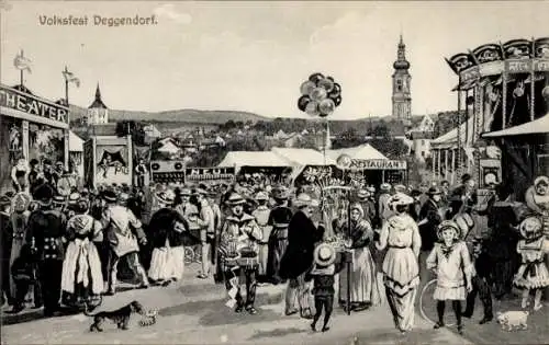 Ak Deggendorf im Bayerischen Wald Niederbayern, Volksfest, Theater, Restaurant, Karussell, Dackel