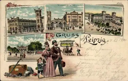 Litho Leipzig in Sachsen, Bahnhöfe, Reisende, Straßenbahn, Bruno Bürger 352