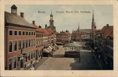 Ak Breda Nordbrabant Niederlande, Breda. Groote Markt met Stadhuis.