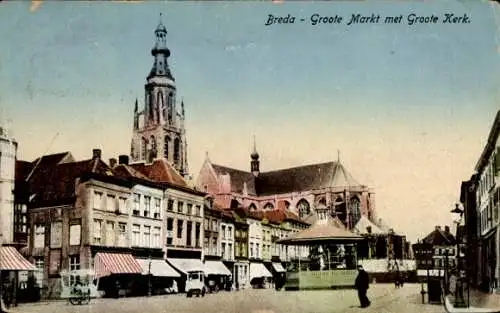 Ak Breda Nordbrabant Niederlande, Breda Groote Markt met Groote Kerk.