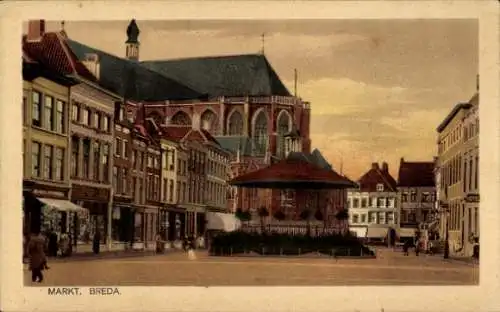 Ak Breda Nordbrabant Niederlande, Markt mit gotischem Rathaus und dahinterliegende gotische Gr...