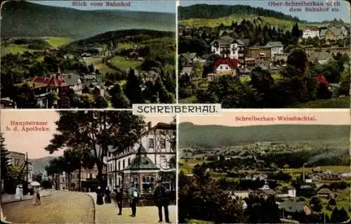 Ak Szklarska Poręba Schreiberhau Riesengebirge Schlesien, Teilansicht, Bahnhof, Hauptstraße