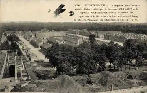 Ak Vincennes Val de Marne, L'Aéroplane Henri Farman, Gnome Motor, Lieutenant Fequant, Capitain...