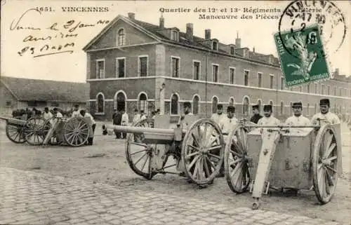 Ak Vincennes Val de Marne, Militärische Übung, Soldaten mit Kanonen, Quartier des 12 et 13 Rég...