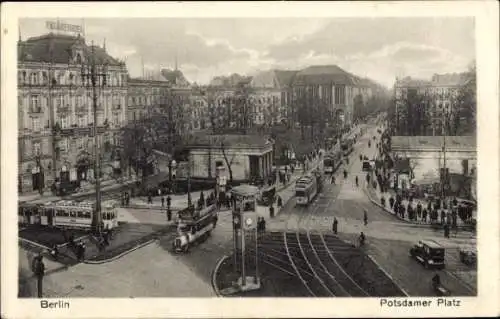 Ak Berlin Tiergarten, Potsdamer Platz, Straßenbahn, Verkehrsturm, Bus