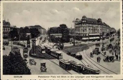 Ak Berlin Tiergarten, Potsdamer Platz, Blick in die Leipziger und Königgrätzer Straße, Straßenbahn