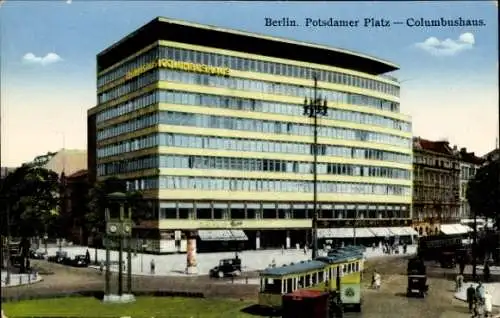 Ak Berlin Tiergarten, Potsdamer Platz, Columbushaus, Straßenbahn