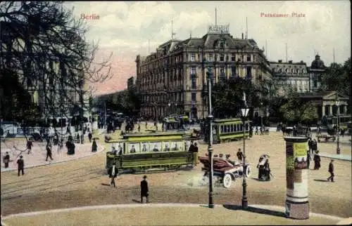 Ak Berlin Tiergarten, Potsdamer Platz, Palasthotel, Straßenbahnen, Litfaßsäule