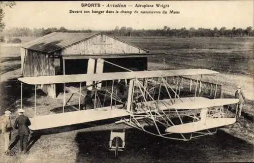 Ak Sports d'Aviation, L'Aéroplane Wilbur Wright devant son hangar, Camp d'Auvour, Flugpionier
