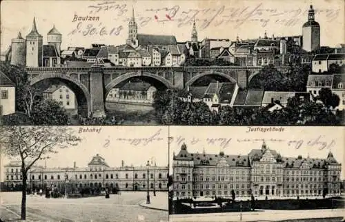Ak Bautzen in der Oberlausitz, Stadtansicht, Brücke, Bahnhof, Justizgebäude