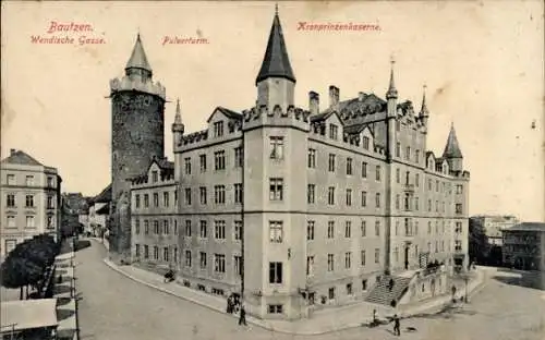 Ak Bautzen in der Oberlausitz, Kronprinzenkaserne, Pulverturm, Wendische Gasse, historische Po...