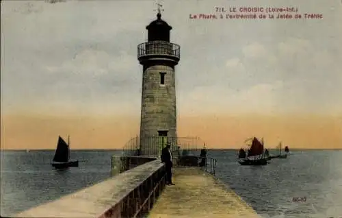 Ak Le Croisic Loire Atlantique, Leuchtturm an der Spitze der Jetée von Tréhic, Segelboote, Küsten