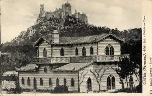 Ak Sintra Cintra Portugal, Chalet Sla, Castello da Fena, Portugal, Gebäude mit Berg