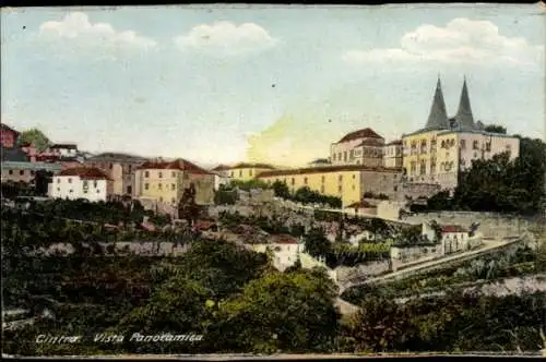 Ak Sintra Cintra Portugal, Blick auf  bewaldete Hügel, Häuser, Gebäude mit Zinnen