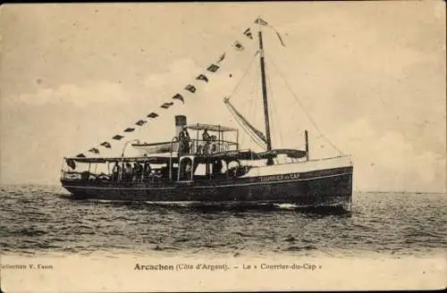 Ak Arcachon Gironde, Dampfschiff „Courrier-du-Cap“, Wellen, Flaggen, vintage stil