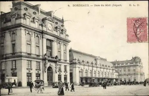 Ak Bordeaux Gironde, Gare du Midi,  Bahnhofsgebäude, Stempel, Gebäude, Wagen, Straßenansicht