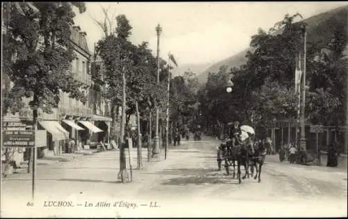 Ak Luchon Haute Garonne, Straße mit Bäumen, Reiter, Geschäften, klare Perspektive,  Ansicht