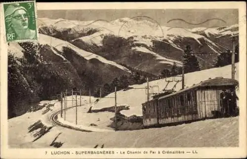 Ak Superbagnères Luchon Haute Garonne, Schnee, Berglandschaft, Zahnradbahn, winterliche Szene