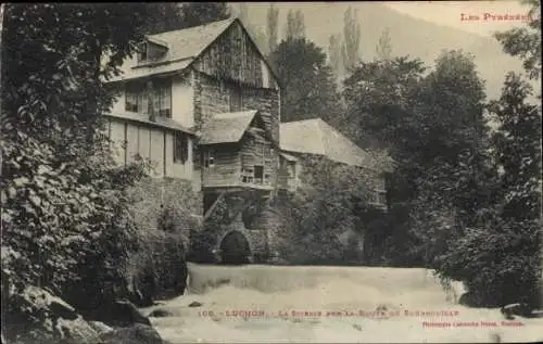 Ak Luchon Haute Garonne, Gebäude am Fluss, Holzwerkstatt, Natur, Pyrenäen