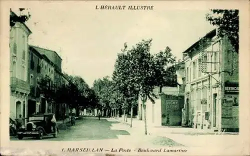 Ak Marseillan Hérault, Schwarzes und weißes Foto, Boulevard Lamartine, La Poste, alte Autos