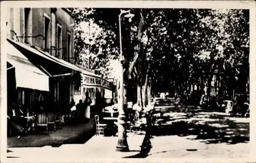 Ak Lunel Hérault, Allee mit Bäumen, Café-Terrasse, Personen an Tischen