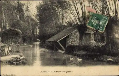 Ak Autruy Loiret, Flusslandschaft, Steinbau, Enten, Bäume, Poststempel, Bildtext