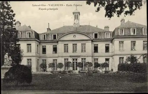 Ak Vaujours Seine Saint Denis, Schulgebäude, Ecole Fénelon, Hauptfassade, Uhr, Statue