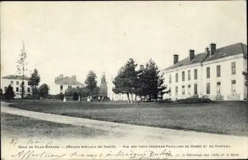 Ak Ville Évrard Seine Saint Denis, Asile, Vue des trois premiers Pavillons de Dames et du Chateau