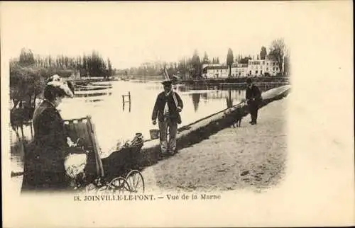 Ak Joinville le Pont Val de Marne, Vue de la Marne, Frau mit Kinderwagen, Angler