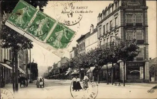 Ak Le Raincy Seine Saint Denis, Avenue du Chelin-de-Fer, 3 Stempel, Architektur, Bäume, Menschen