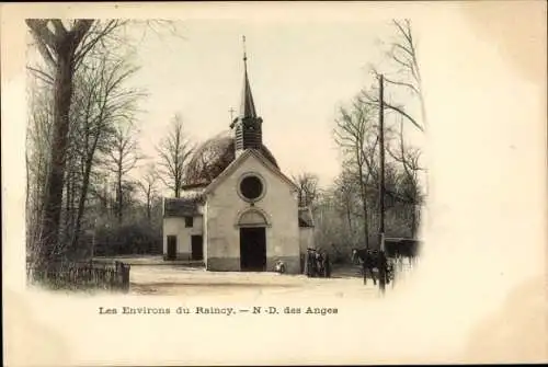 Ak Le Raincy Seine Saint Denis, Kirche N-D. des Anges, Waldlandschaft, Menschen, Bauwerk