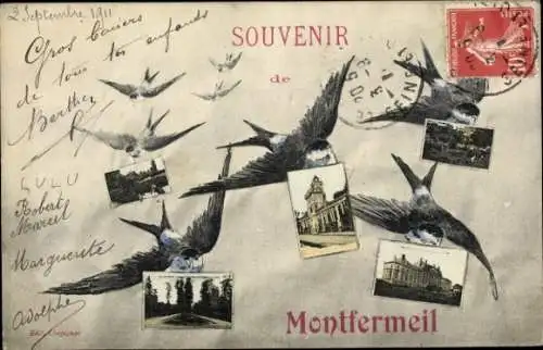 Ak Montfermeil Seine Saint Denis,  mit Schwalben, Fotografien von  Text