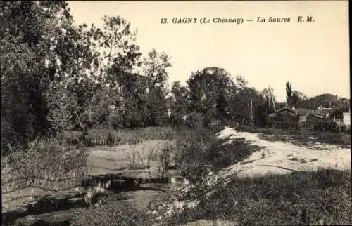 Ak Gagny Seine Saint Denis, La Source, Flusslandschaft, Bäume, Häuser im Hintergrund