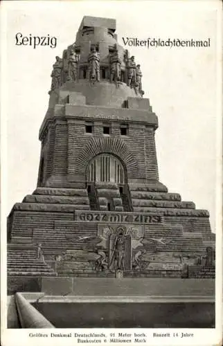 Ak Leipzig, Völkerfschlachtdenkmal, 91 Meter hoch, Größtes Denkmal Deutschlands