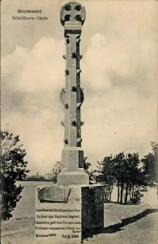 Ak Berlin Wilmersdorf Grunewald Schildhorn, Schildhorn-Säule, Monument, Graffiti, Naturlandschaft