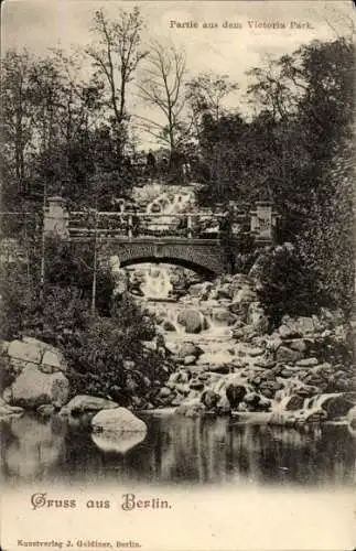 Ak Berlin Kreuzberg , Brücke im Victoria Park, Wasserfall