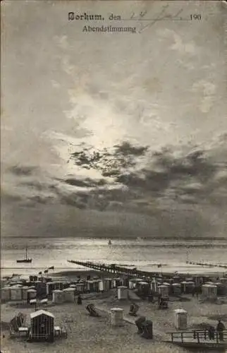 Ak Nordseebad Borkum in Ostfriesland, Strand mit Strandkörben, Abendstimmung, Himmel mit Wolken, 