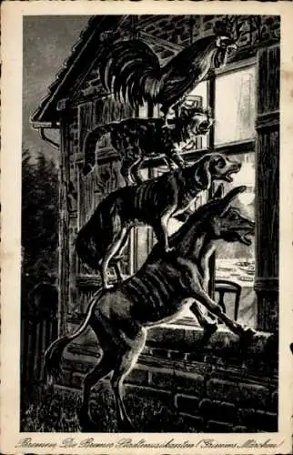 Ak Schnoor Bremen,  Die Bremer Stadtmusikanten, Märchenmotiv, Tiere am Fenster