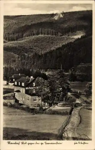 Ak Manebach Ilmenau in Thüringen, Blick auf den Hermannstein, Gasthaus Moosbach, Waldlandschaft, 