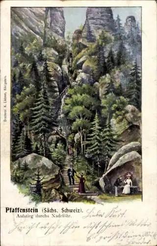 Künstler Ak Königstein Elbe Sächs. Schweiz, Pfaffenstein, Nadelöhr Aufstieg