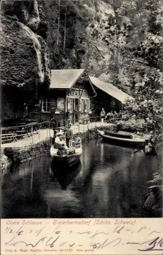 Ak Hinterhermsdorf Sebnitz Sächsische Schweiz, Obere Schleuse, Bootsstation, Sächsische Schweiz, 