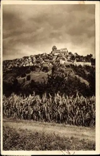 Ak Grünstadt an der Weinstraße Pfalz, Hügelige Landschaft, Dorfansicht, Kirche, Kornfeld