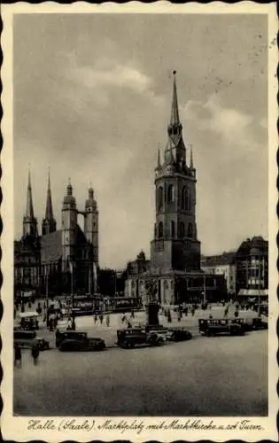 Ak Halle an der Saale, Marktplatz, Marktkirche,  Gebäude, alte Autos