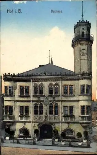 Ak Hof an der Saale Oberfranken Bayern, Historisches Rathaus, Uhrturm, schöne Architektur