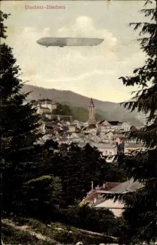 Ak Baden Baden am Schwarzwald, Teilansicht, Zeppelin
