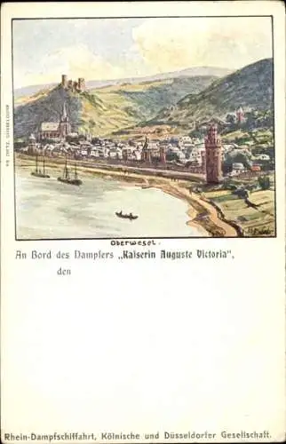 Ak Oberwesel am Rhein, Malerei des Rheins, Dampfer "Kaiserin Auguste Victoria", Landschaft